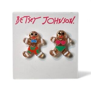 Betsey Johnson Gingerbread Earrings Holiday Glitter Beach Gingerbread Man Studs